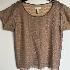 J. Crew Taupe Lace Overlay Short Sleeve Blouse
